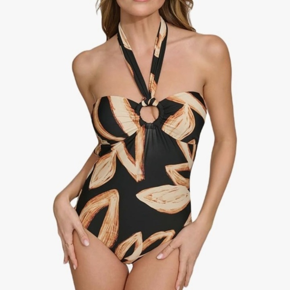 DKNY Women's Brown Tropical Painted Leaf Bandeau One Piece Swimsuit NWT XS #2195